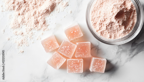 Agar-agar jelly cubes and powder on white marble table, flat lay