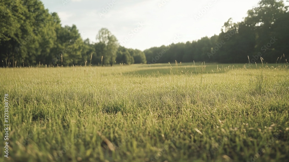 Serene grassy field at sunset, trees in background. Serene grassy field at sunset, trees in background.