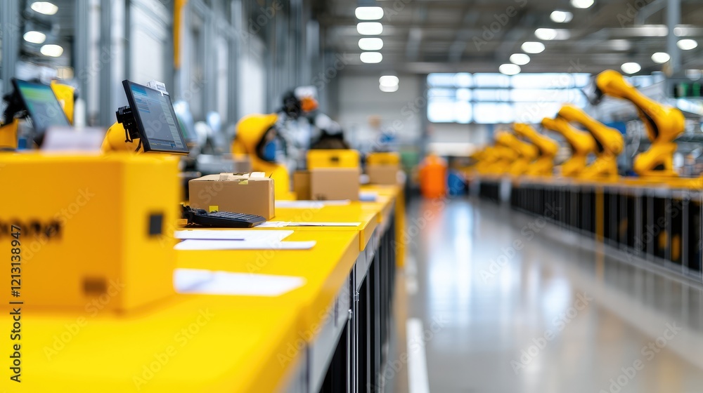 Fototapeta premium Automated warehouse, robots sort packages, industry, logistics