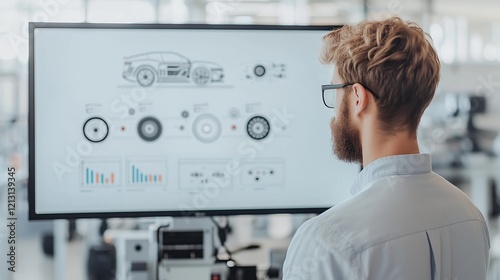 A bearded engineer wearing glasses examines a digital screen displaying automotive schematics, data charts, and technical diagrams in a modern workspace.