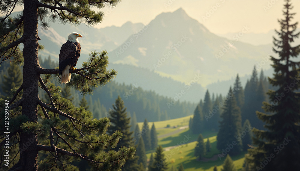 Naklejka premium Majestic eagle perched on pine branch overlooking mountain valley