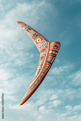 Ornate boomerang against a bright blue sky.