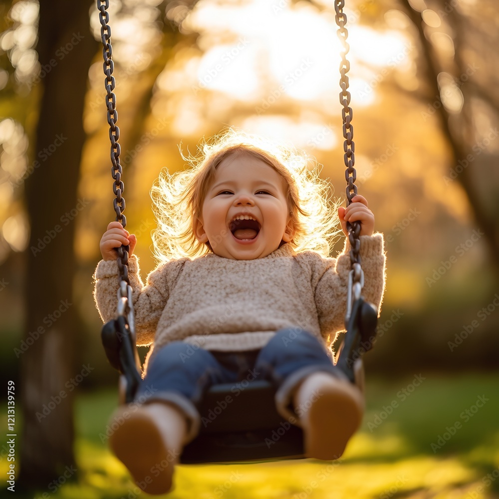 Laughing Toddler on Swing in Sunlit Park During Golden Hour Laughing Toddler on Swing in Sunlit Park During Golden Hour