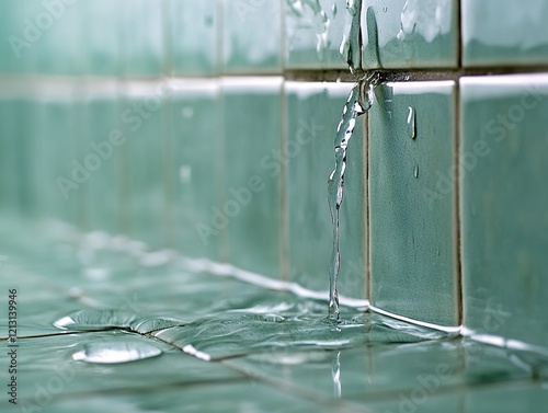 Water leaking from wall tiles caused by internal pipe damage. Perfect for illustrating insurance claims and water damage assessment.