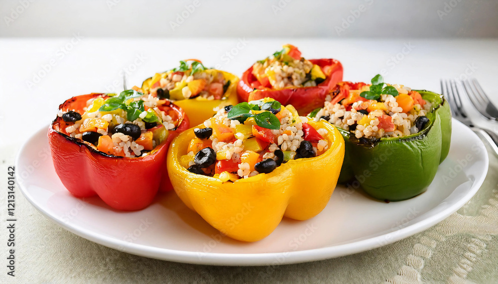 Bright and colorful bell peppers stuffed with quinoa, black beans, corn, and diced tomatoes, baked and served on a white plate with a clean, minimalist background Bright and colorful bell peppers stuffed with quinoa, black beans, corn, and diced tomatoes, baked and served on a white plate with a clean, minimalist background