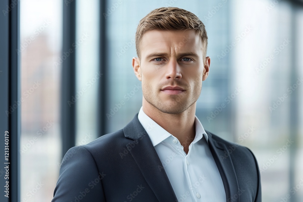 Professional businessman in a suit standing in front of glass windows in a corporate office environment. business and leadership concept. Professional businessman in a suit standing in front of glass windows in a corporate office environment. business and leadership concept.