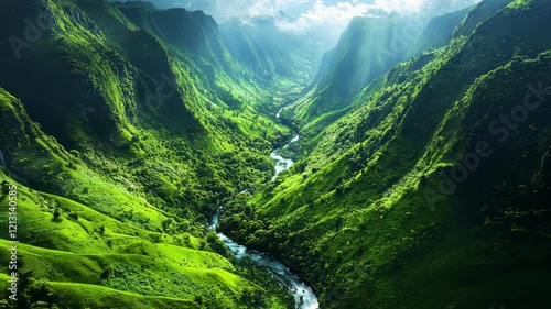 Majestic green valley with flowing river under sunlit skies captured in aerial view photo