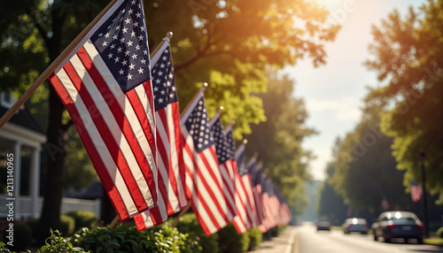 American flags lining suburban street at sunset