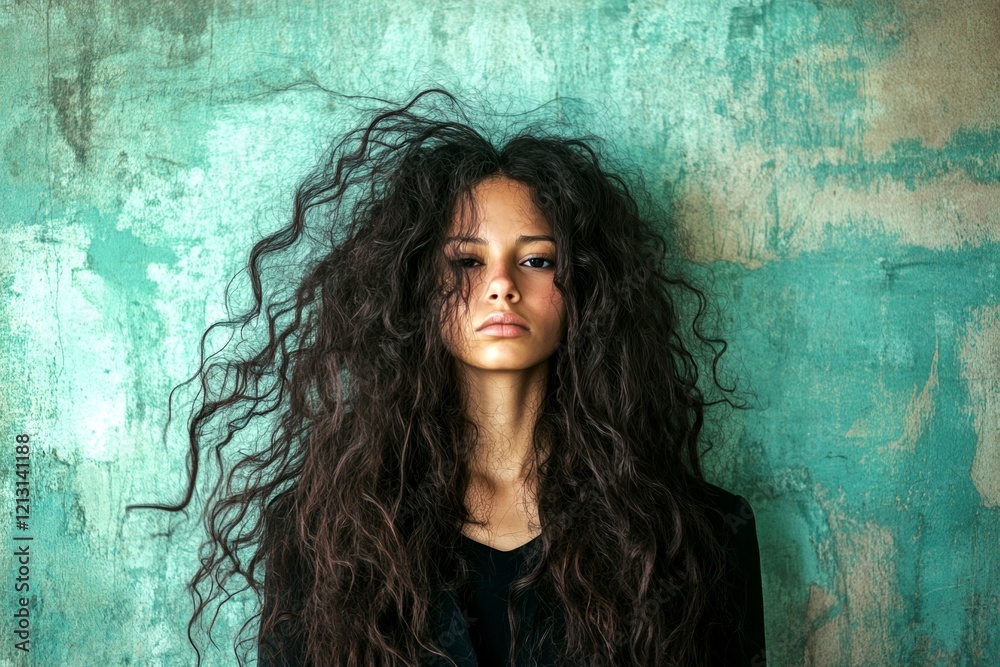Fototapeta premium Pretty calm mixed-race girl - for ads, brochure and digital use. Commercial digital ads concept design idea idea. Long trim - curly hair. Vibrant hair portrait styles. African beauty concept.