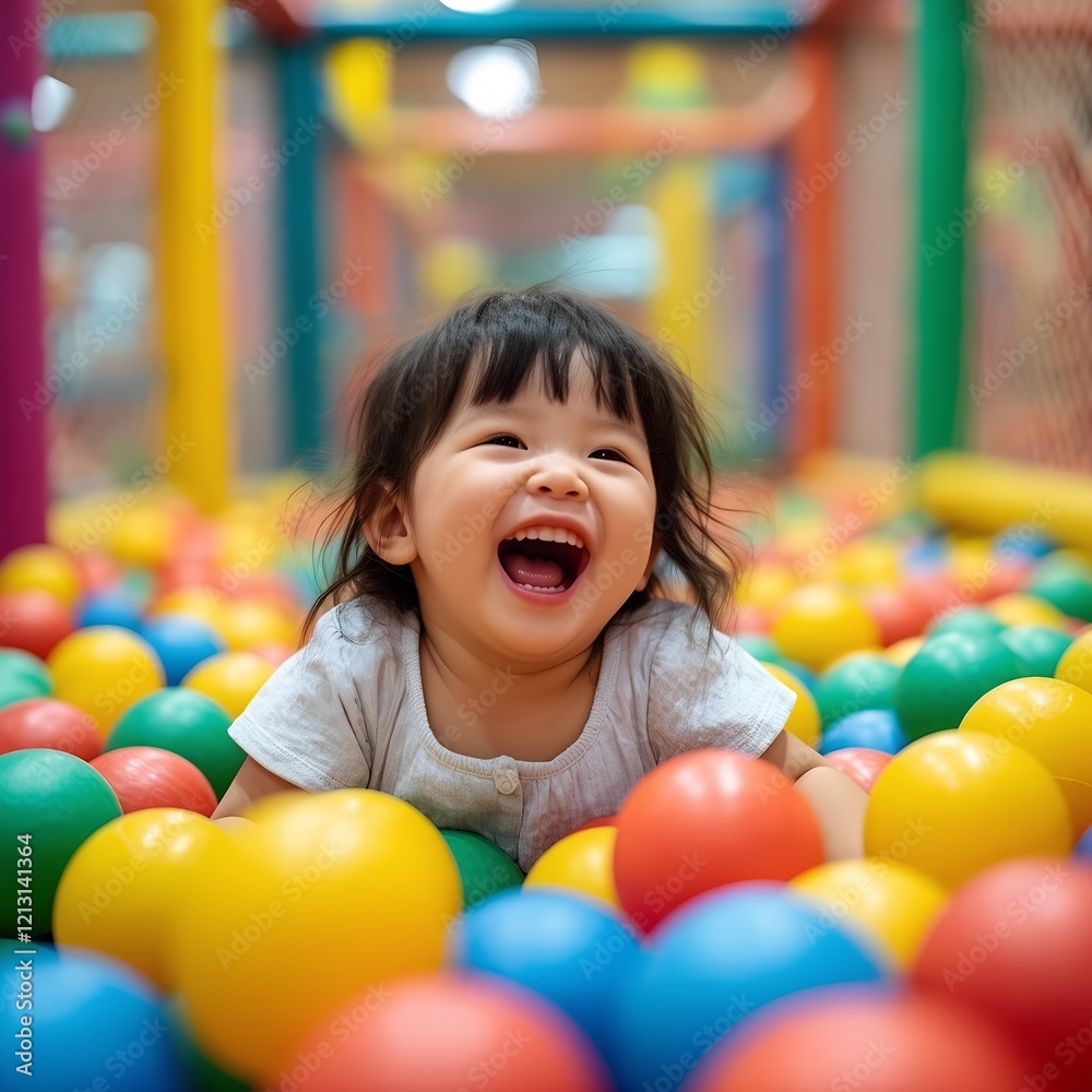 Fototapeta premium Laughing Toddler Playing in Colorful Ball Pit at Indoor Playground