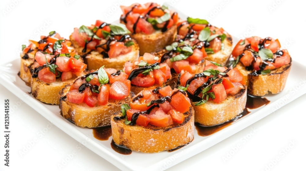 A platter of fresh bruschetta topped with diced tomatoes, basil, and a drizzle of balsamic glaze A platter of fresh bruschetta topped with diced tomatoes, basil, and a drizzle of balsamic glaze