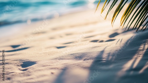 A tranquil tropical beach scene with soft sand, gentle waves, and palm tree shadows illuminated by warm sunlight. photo