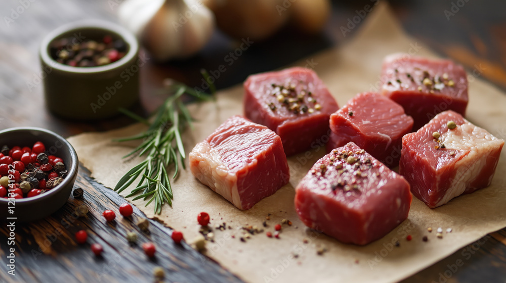 A plate of meat with a variety of spices and herbs on a wooden table A plate of meat with a variety of spices and herbs on a wooden table