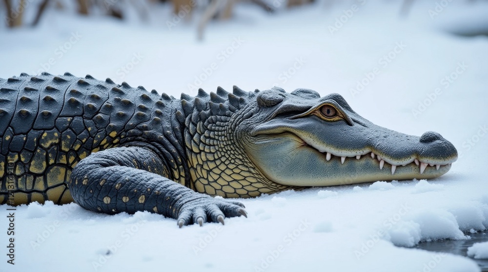 Fototapeta premium Powerful Crocodile Basking in Snowy Landscape