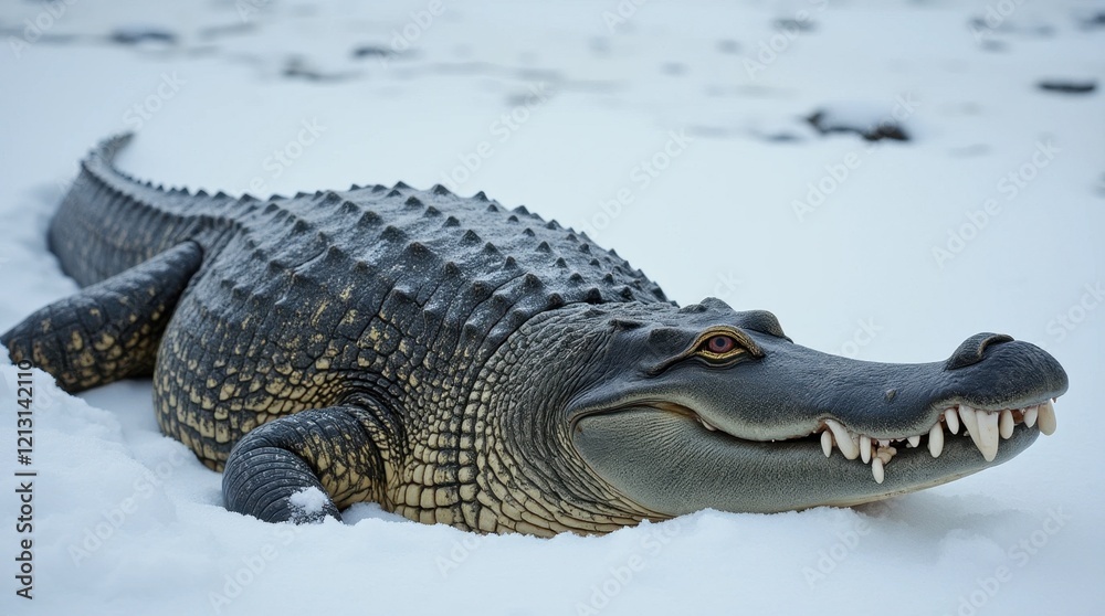 Obraz premium Powerful Crocodile Basking in Snowy Landscape