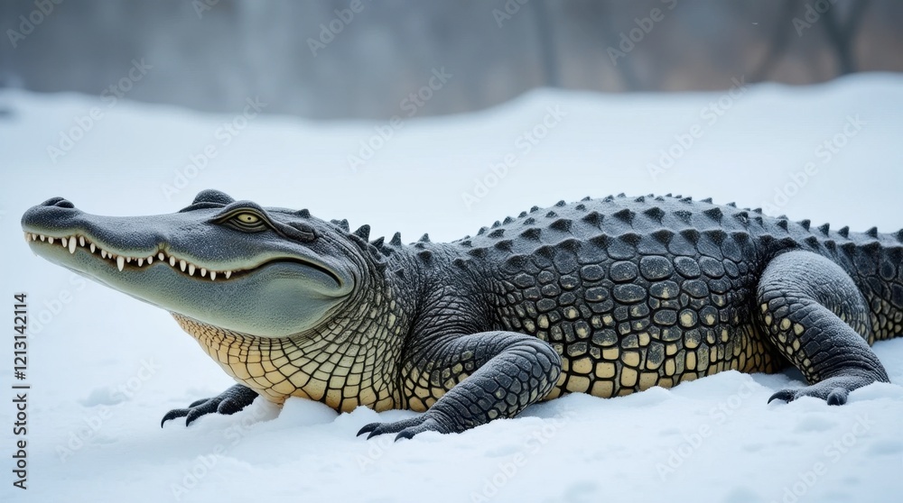 Fototapeta premium Powerful Crocodile Basking in Winter Snow