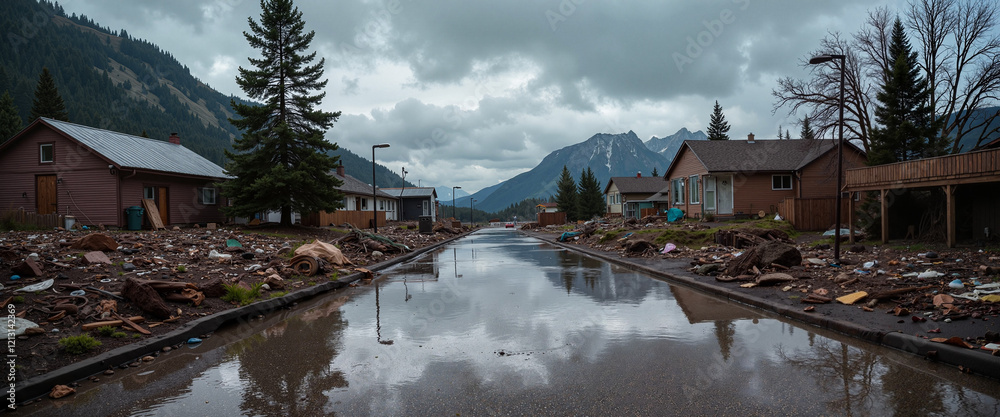 Fototapeta premium Flooded mountain village road with debris and houses
