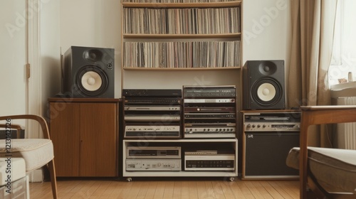 Vintage stereo system and record collection in a home.