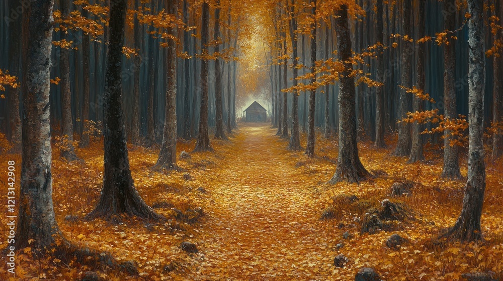 Fototapeta premium Autumnal path leading to a secluded cabin in a mystical forest.