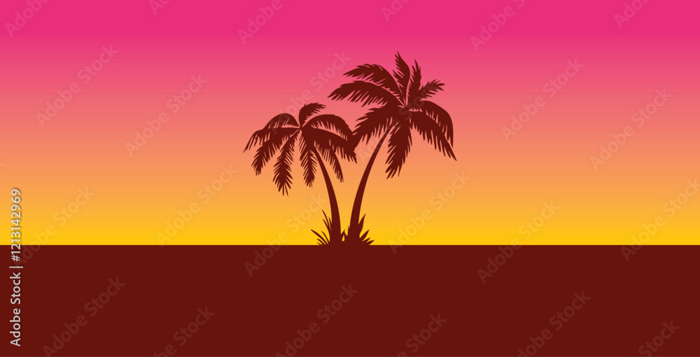 Obraz premium Sunset with beach and palms. Vacation time. Beach and Summer background. Trendy colorful Sunset with palm treess silhouette. Vector illustration. Ideal for print, poster, wallpaper, fabric, fashion.