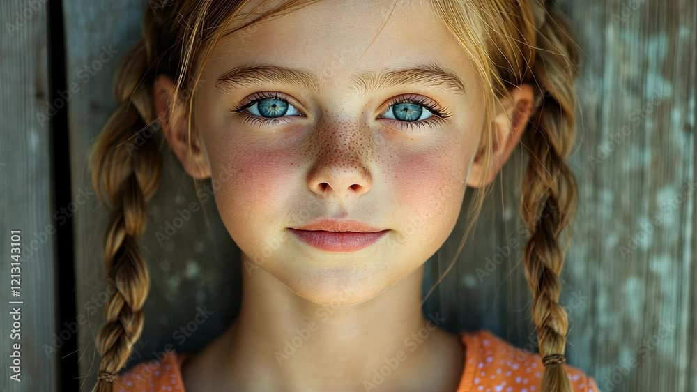 Captivating blueeyed girl with braids displaying subtle expressions of innocence and curiosity