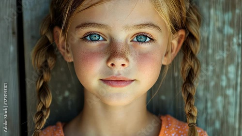 Captivating blueeyed girl with braids displaying subtle expressions of innocence and curiosity