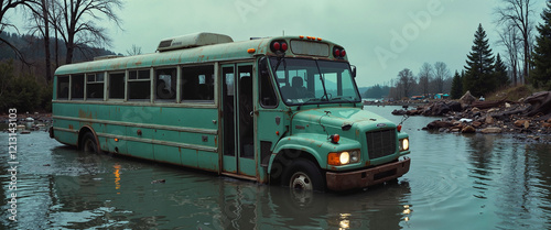 Abandoned school bus in flooded rural area