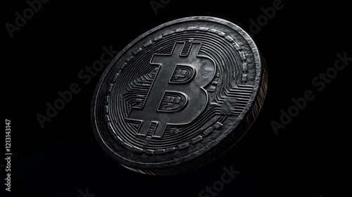 A sleek black bitcoin coin with intricate patterns illuminated against a dark background, symbolizing modern cryptocurrency technology.