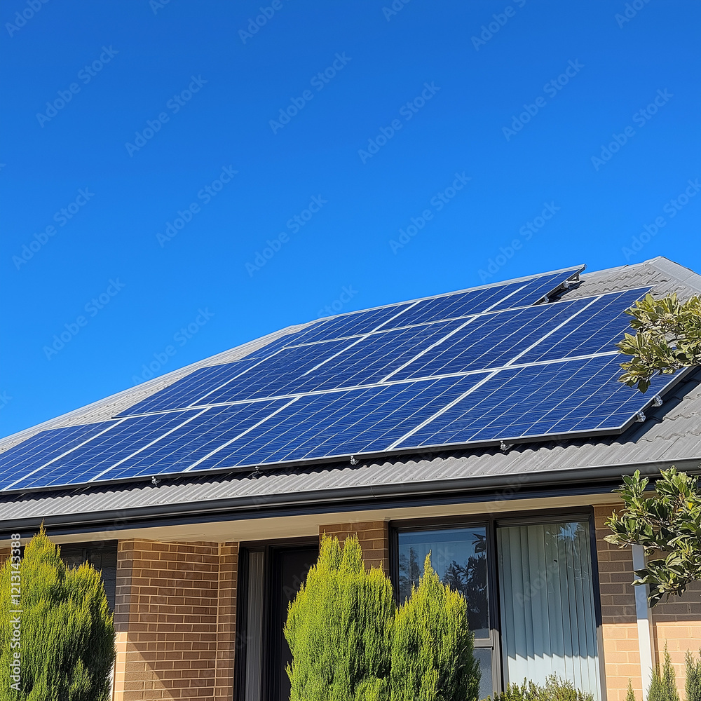 Fototapeta premium Sustainable Home: Solar Panels on Residential Roof, Clean Energy Solution, Eco-Friendly Housing, 
