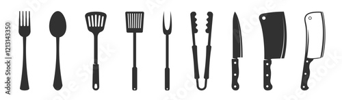 Cutlery and BBQ tool set grill accessories. Fork, Tongs, Knife icons on transparent background.