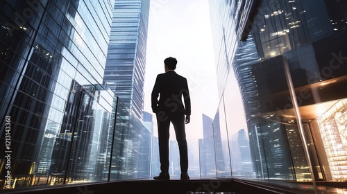 A rear view of a businessman in a suit looking up at towering skyscrapers under a clear, blue sky in the city.