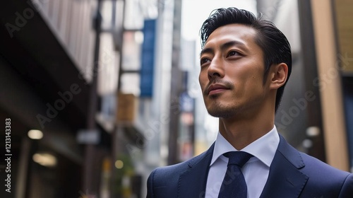 A close-up portrait of a confident businessman in a suit standing outdoors in a bustling urban area with a focused expression.