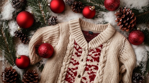 A cozy knit Christmas sweater surrounded by red ornaments, pinecones, and snow-dusted greenery, creating a festive holiday scene.