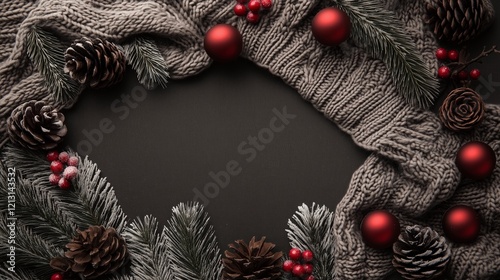 A festive holiday frame featuring pinecones, red ornaments, greenery, and a knit scarf arranged on a dark background.