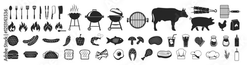 BBQ barbecue and grill icons on transparent background. BBQ party icons set, barbecue, grill or picnic. Grill menu symbol or logo