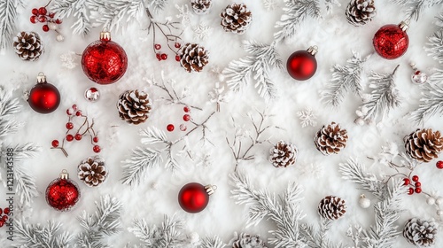 A flat lay Christmas composition featuring red ornaments, snowy pinecones, and frosted greenery arranged beautifully on a white background.