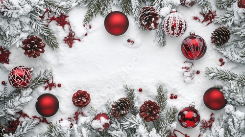 A flat lay Christmas composition featuring red ornaments, snowy pinecones, and frosted greenery arranged beautifully on a white background.