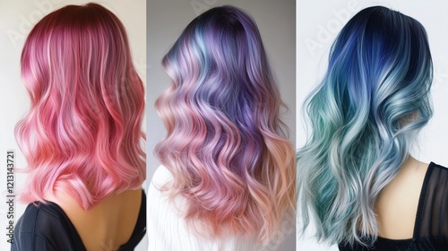 A display of flowing pink, purple, and blue hair in soft waves, showcasing creative and vibrant color gradient styling.