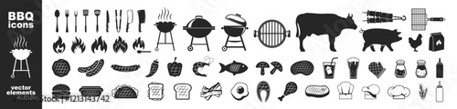 BBQ barbecue and grill icons on transparent background. BBQ party icons set, barbecue, grill or picnic. Grill menu symbol or logo
