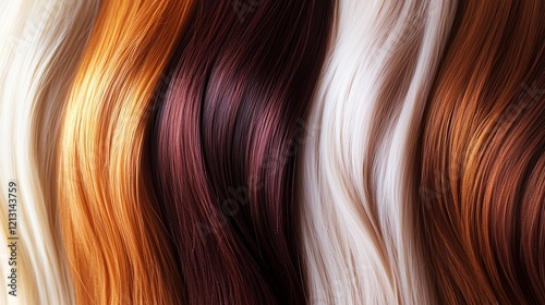 A textured display of hair featuring shades of blonde, red, brown, and brunette in smooth, glossy waves.