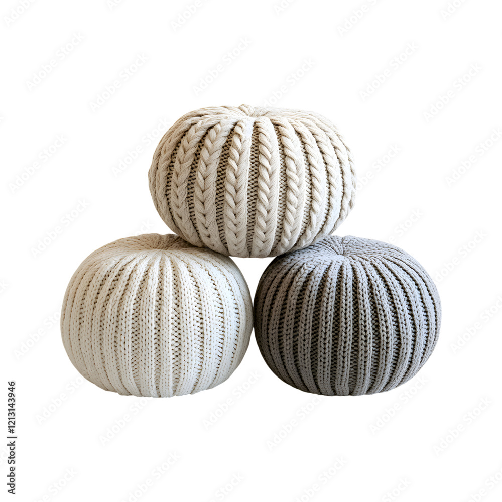 Oversized Knitted Poufs in Neutral Tones on transparent background Oversized Knitted Poufs in Neutral Tones on transparent background