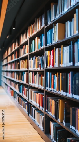 A quiet library aisle filled with rows of books and warm, ambient lighting, creating a peaceful and studious atmosphere.
