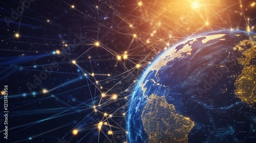 Abstract visualization of a glowing Earth surrounded by interconnected light nodes, symbolizing global communication and technology.