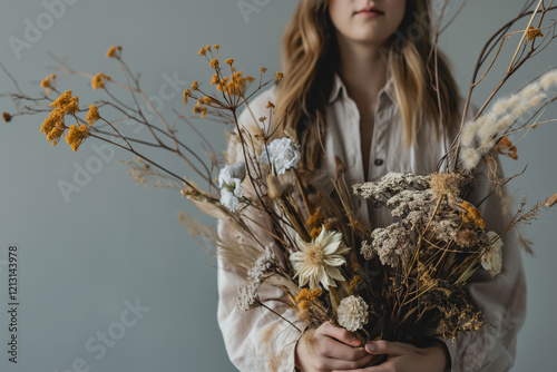 Stylish Woman Holding a Swag of Dried Flowers, Showcasing Elegant Fashion and Nature-Inspired Beauty photo