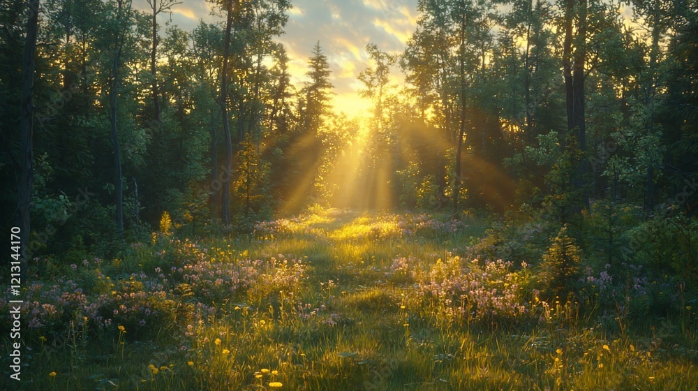 Obraz premium Sunbeams illuminate a forest path at sunrise, wildflowers in bloom.