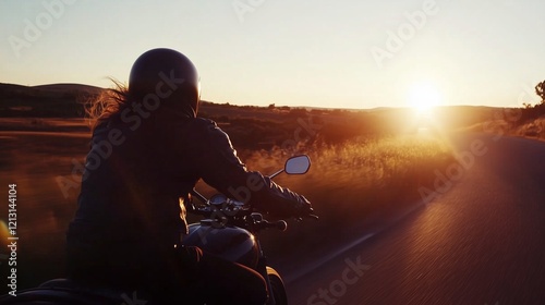 A motorcyclist riding into the sunset on a quiet road, surrounded by warm golden light and natural landscapes.