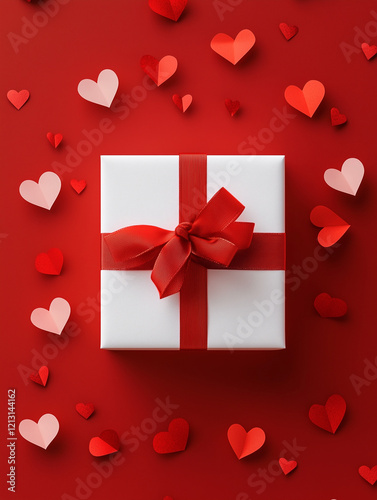 wrapped gift box with red ribbon with paper hearts on red background, Valentine's day