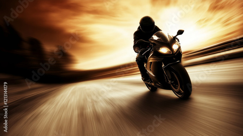 Silhouette of a motorcyclist speeding on a winding road during sunset, with blurred motion and dynamic energy.