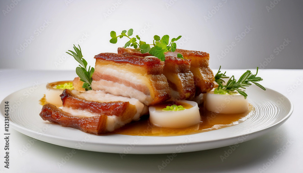 Succulent pork belly with crispy crackling, served with apple sauce and a garnish of fresh herbs with a bright background. Ideal for gourmet meals, traditional cuisine, or special occasion visuals Succulent pork belly with crispy crackling, served with apple sauce and a garnish of fresh herbs with a bright background. Ideal for gourmet meals, traditional cuisine, or special occasion visuals
