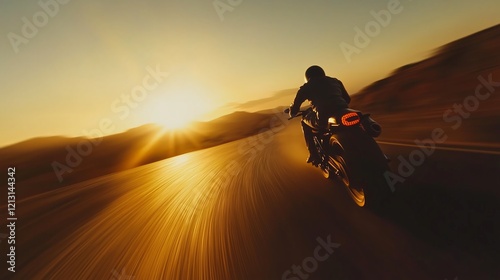 Silhouette of a motorcyclist speeding on a winding road during sunset, with blurred motion and dynamic energy.